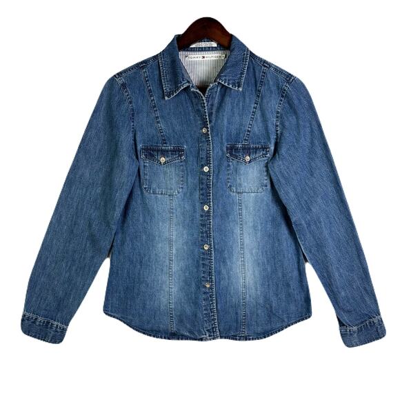 TOMMY HILFIGER Vintage Y2K Denim Long Sleeve Button Down Shirt Womens Size 6 - Picture 1 of 10